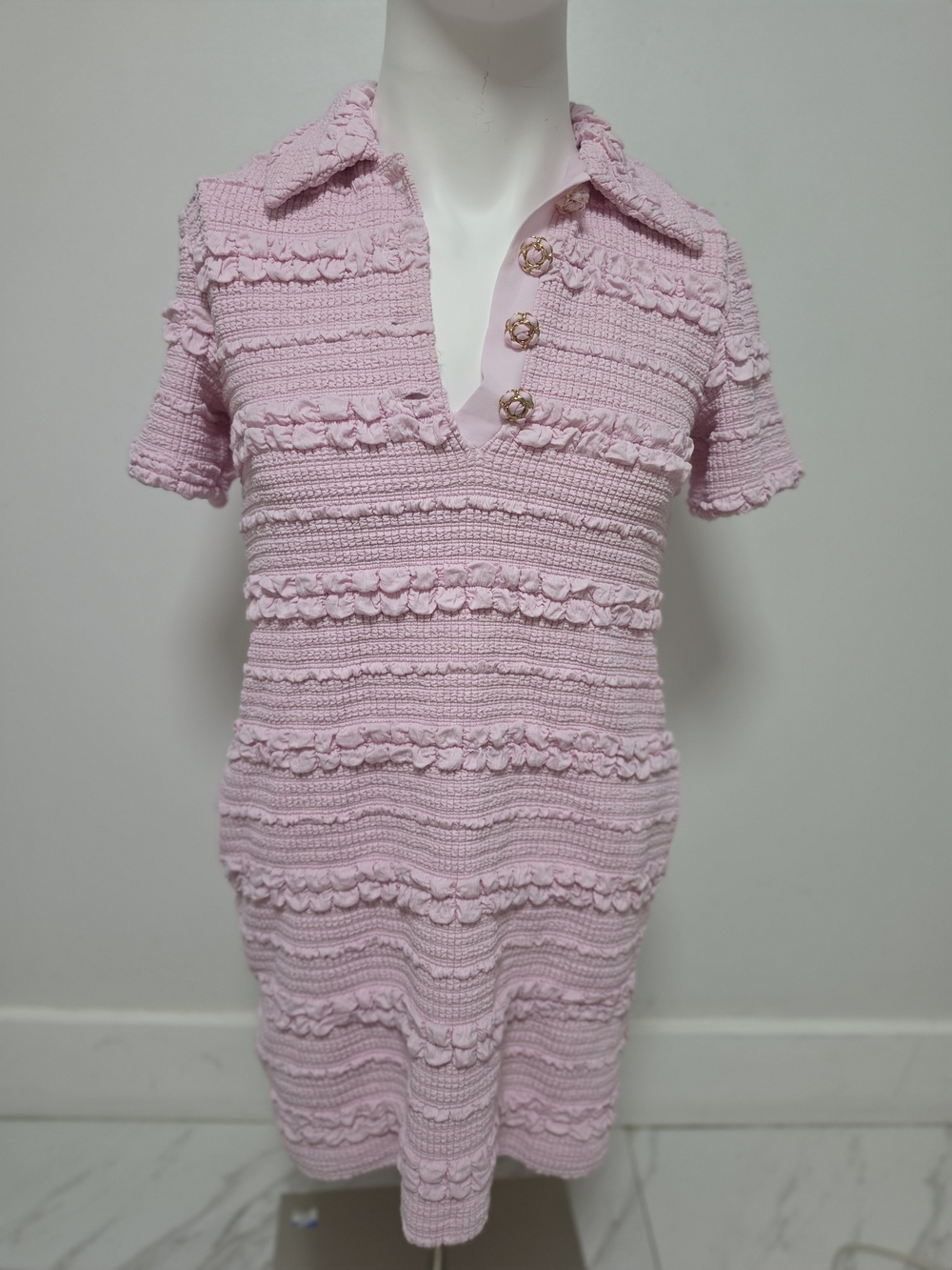 English Factory Light Pink Knit Midi Dress with Gold-Tone Buttons